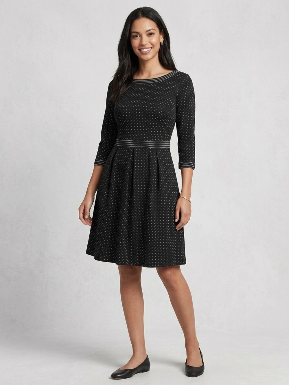 NWT Max Studio Black Midi Dress with White Dots and striped trim, Size Small